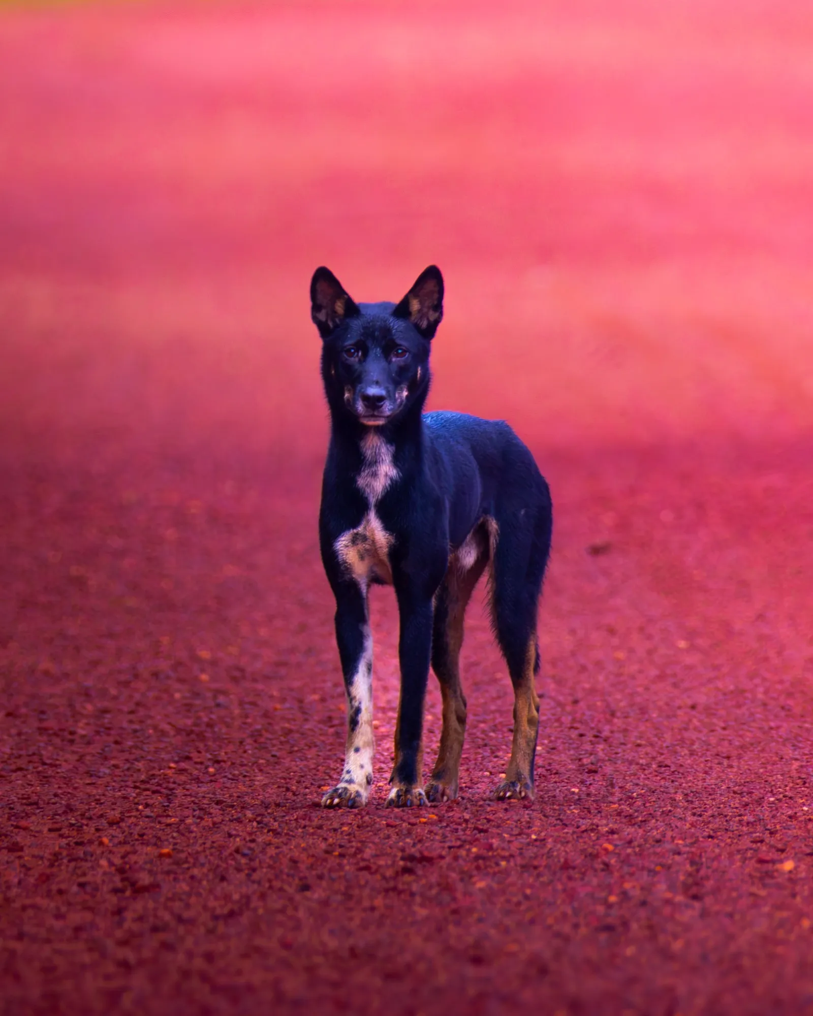 A black-and-tan dingo standing on a red dirt road, looking straight at the camera